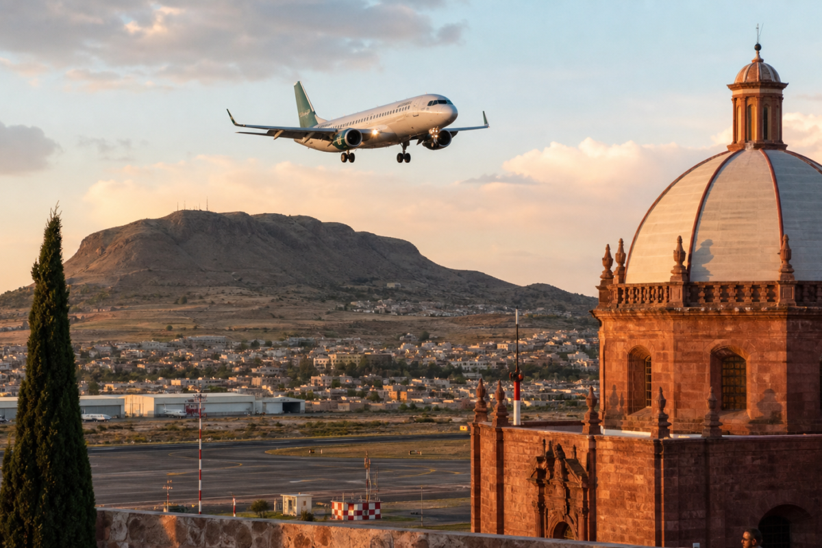 Avión de Mexicana de Aviación sobre Zacatecas, ilustración editorial de la nueva ruta hacia el AIFA