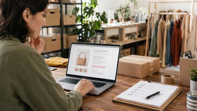 Persona revisa una tienda en línea con precio, entrega y política de devolución visibles