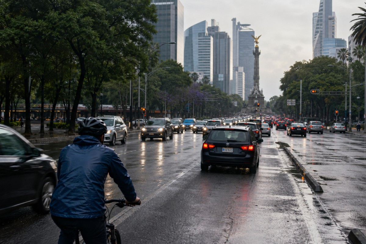 Tráfico matutino en una avenida de Ciudad de México bajo cielo nublado y pavimento húmedo.