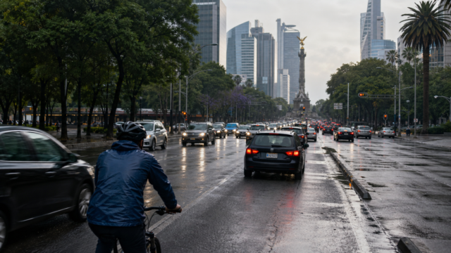 Tráfico matutino en una avenida de Ciudad de México bajo cielo nublado y pavimento húmedo.